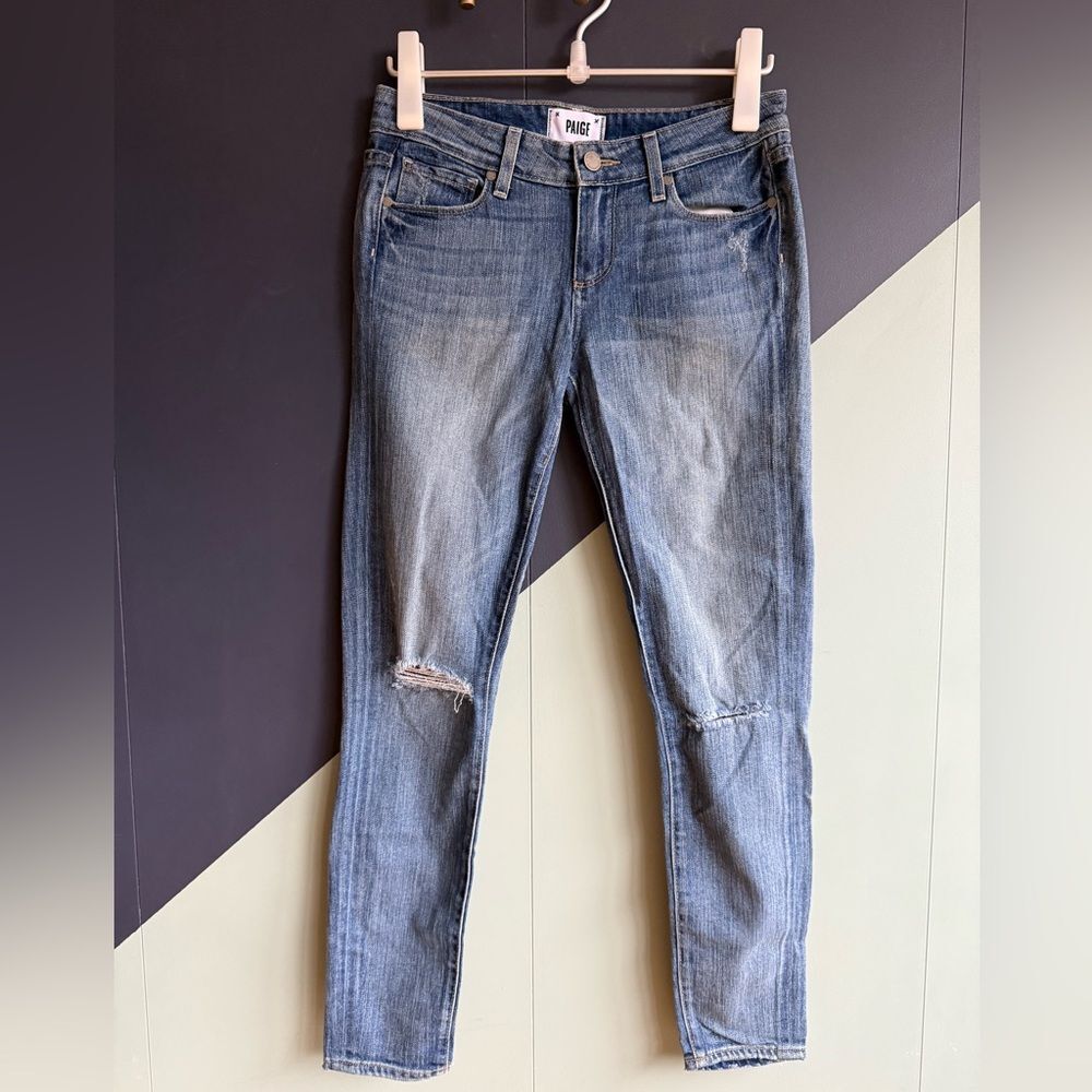 Paige Verdugo Ankle Medium Wash Distressed Low Rise Skinny Jeans, Sz 26